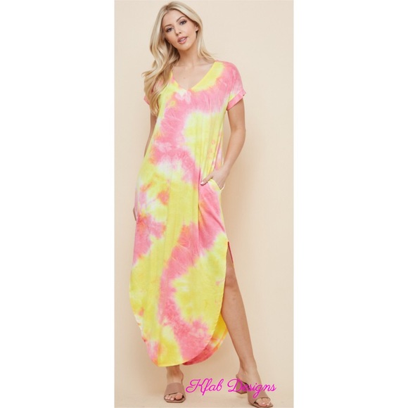 💗LAST 1! V Neck Tie Dye Maxi Dress w/Side Slits! - Picture 5 of 8